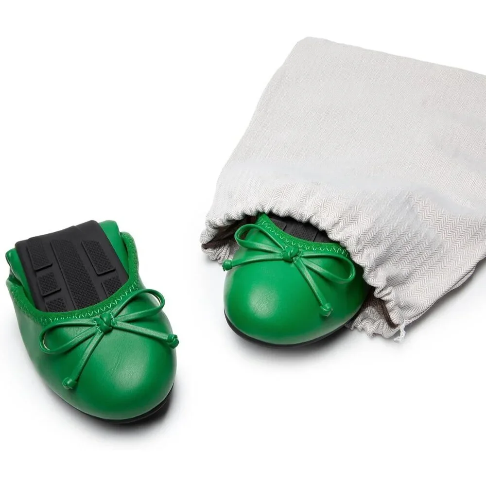 Women's Green Bowknot Round Toe Comfort Light Weight Slip-on Foldable Flats